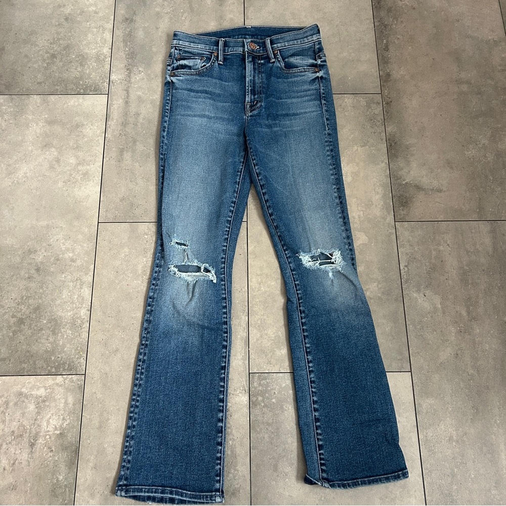 MOTHER the insider flood blue straight leg distressed jeans cropped 25.